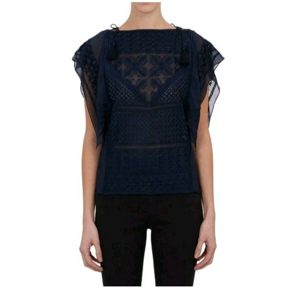 $780 ISABEL MARANT "Allen" Silk Embroidered Blouse SZ L / 40 Navy Tassel Top